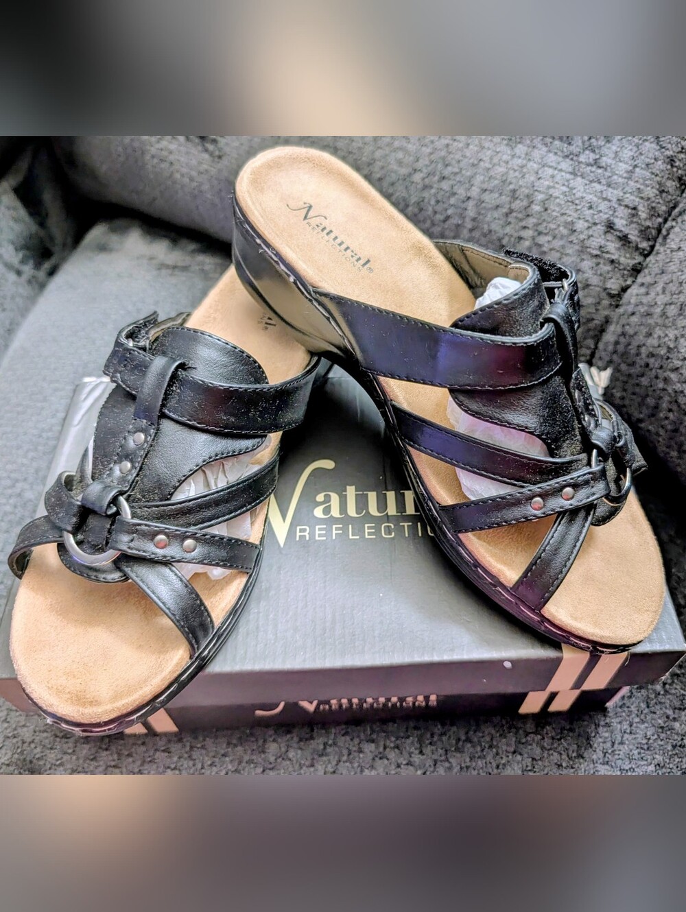 Natural Reflections Black Strappy Studded Slide Mules